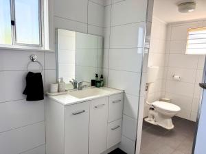 a white bathroom with a sink and a toilet at Saltbush Cottage in Broken Hill +13 photos