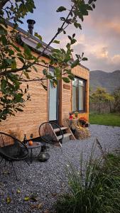 a small wooden cabin with two chairs and a table at Retezat83 Sunshine tiny home , adults only in Râu de Mori