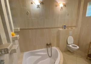 a bathroom with a toilet and a tub and a sink at Kisgeresd Vendégház in Geresdlak +8 photos
