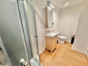 a bathroom with a shower and a sink and a toilet at Maison cosy - 4 pers - Disney & Route du Champagne in Citry +8 photos