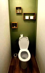 a bathroom with a white toilet in a green wall at Studio - Plage de Calais - Skatebeach in Calais