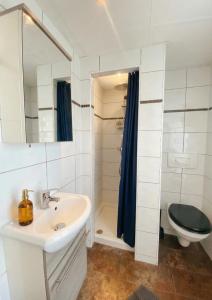 a bathroom with a sink and a shower and a toilet at Le Moment Douillet - Chambre privée in Bourbourg