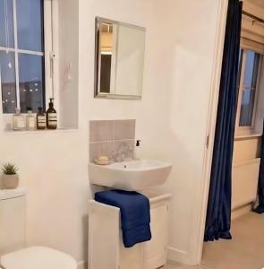 a white bathroom with a sink and a toilet at Your Versatile Luxury - Space for All- Sleeps 10 in Bedford