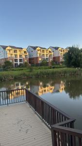 a bridge over a body of water with buildings in the background at Elara in Sandton