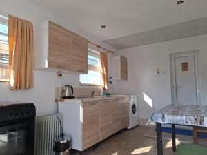a kitchen with a sink and a refrigerator and a table at Millies Place in Elkhovo