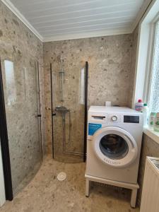 a washing machine in a bathroom with a shower at RåneVillan in Råneå