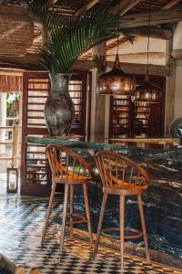 a table with two chairs and a vase on it at Sempre Vivo in Pipa