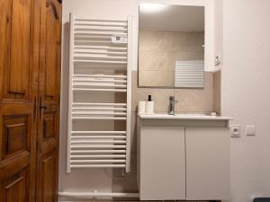 a kitchen with a white refrigerator and a sink at Le Cocon Cathédrale in Metz +20 photos