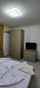 a bedroom with a bed and a television in it at Cazare de Vis 3 stele in Oreavul
