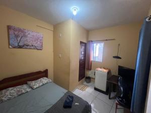 a small bedroom with a bed and a television at Carpe Diem Suítes in Belém