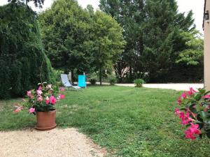 a yard with a chair and flowers in the grass at Le loft 2 in Vouneuil-sous-Biard +2 photos