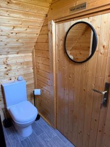 a bathroom with a toilet in a wooden wall at The Nook Cardross in Cardross