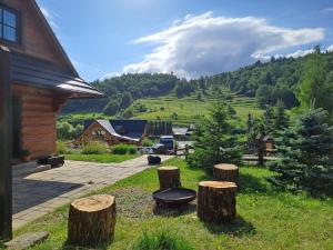 a group of logs sitting in the grass next to a house at Zrub pod Roháčmi in Zuberec