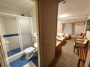 a bathroom with a toilet and a bath tub at Garni Hotel Lav in Belgrade +80 photos