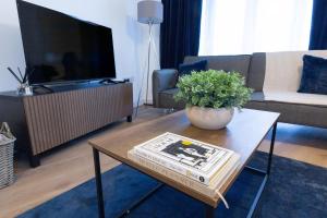 a living room with a television and a table with a plant at Spacious City Centre Apartment with Balcony in Wolverhampton