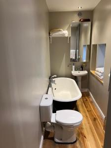 a bathroom with a white toilet and a sink at Kilpedder cottage in Kilpedder +7 photos