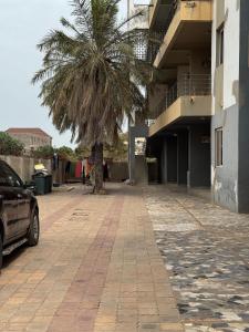 a palm tree in a parking lot next to a building at Jassehs Apartments in Brusubi
