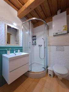 a bathroom with a shower and a sink and a toilet at Drevenica pod Lánom in Zuberec +65 photos