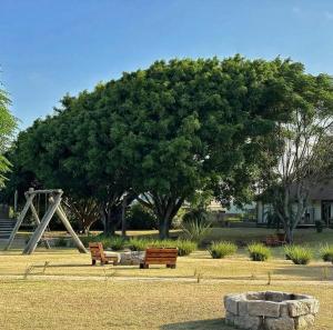 a park with benches and a large tree at Pontal Tapes Hotel in Tapes