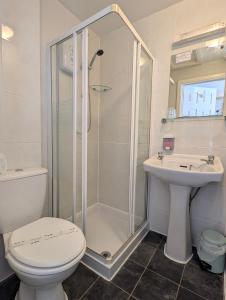 a bathroom with a shower and a toilet and a sink at Del Mar in Llandudno +50 photos