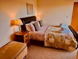 a bedroom with a bed and a lamp on a table at The Penthouse- The Kingsley Collection in Troon