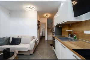 a kitchen and living room with a couch and a sink at Diamond Deluxe Loft in Iraklitsa