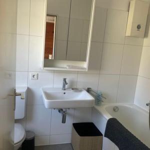 a bathroom with a sink and a toilet and a mirror at Helles, sonniges, ruhiges Apartment in Wuppertal +15 photos