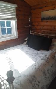 a bedroom with a bed in a log cabin at Hamishs log cabin in Blaenau-Ffestiniog