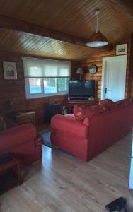 a living room with a red couch and a tv at Hamishs log cabin in Blaenau-Ffestiniog