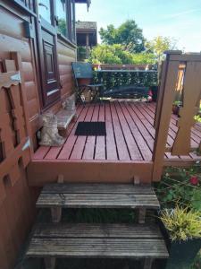 a deck with a bench and a chair on a house at Hamishs log cabin in Blaenau-Ffestiniog +7 photos