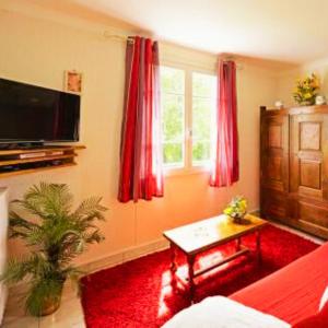 a living room with a red couch and a tv at La maison de Dourils in Entraygues-sur-Truyère