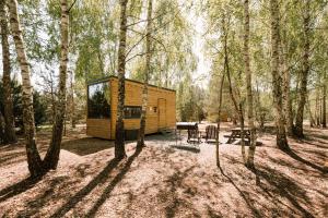 a cabin in the woods with a table and chairs at УЛІС Кебіни in Dudky