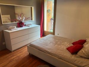 a bedroom with a bed and a dresser with a mirror at Chambre Serres Ponçon in Savines