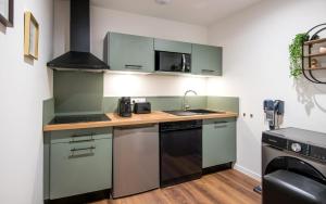 a kitchen with green cabinets and a sink at Le Parvis in Rodez +7 photos