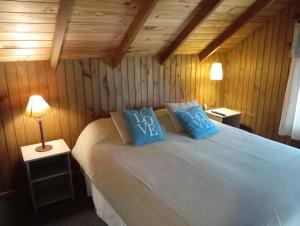 a bedroom with a bed with blue pillows on it at Melipal Schuss ARG41 in San Carlos de Bariloche