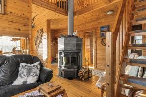a living room with a wood stove in a cabin at Ösjan 12 - Bruksvallarna in Bruksvallarna