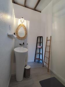 a bathroom with a sink and a mirror and a ladder at Swisstropiclodges avec piscine privée in Sainte-Anne +15 photos