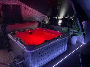 a red hot tub in a room with plants at AMORE suite de luxe & spa in Laplume