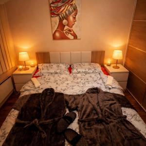 a bedroom with a bed with two lamps and a painting at Apartman Dionis SM in Sremska Mitrovica