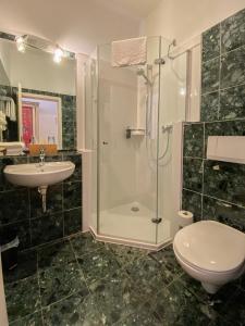 a bathroom with a shower and a toilet and a sink at Hotel Stadtherz in Burgwedel +19 photos