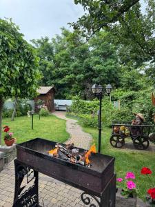 a fire pit in a garden with a man sitting in a bench at Elit BonRe in Romny