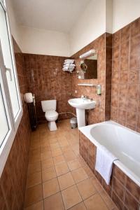 a bathroom with a tub and a toilet and a sink at Logis - Hôtel du Nord et Restaurant La Table d'Elisa in Compiègne