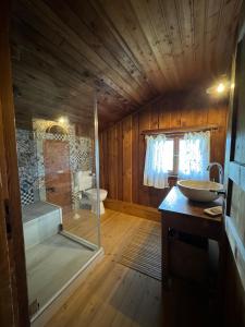 a bathroom with a glass shower and a sink at Haus Bergsteigerglück in Schleching
