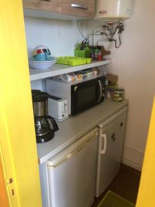 a kitchen with a microwave on a counter at Ti' Cocon Caritan in Sainte-Anne