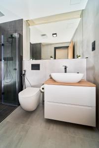 a bathroom with a sink and a toilet and a shower at Apartmány U Kovárny in Horní Blatná +173 photos