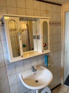 a bathroom with a sink and a mirror at Zimmervermietung Kimberly in Bischbrunn