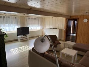 a living room with a couch and a tv at Zimmervermietung Kimberly in Bischbrunn