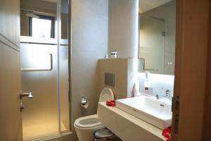 a bathroom with a sink and a toilet and a mirror at Abrish Hotel and Apartment in Kampala +91 photos