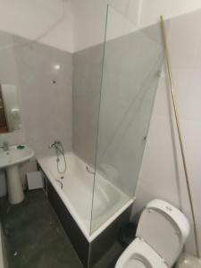 a bathroom with a shower and a toilet and a sink at Хостел Rest Sguear in Almaty