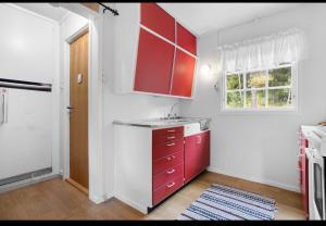 a small kitchen with red cabinets and a window at Fjellhytte Rauland in Austbø